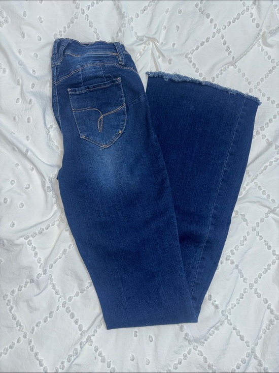 YMI Denim - Dark Blue Women's YMI Frayed-Hem Boot Cut High Rise Jeans
